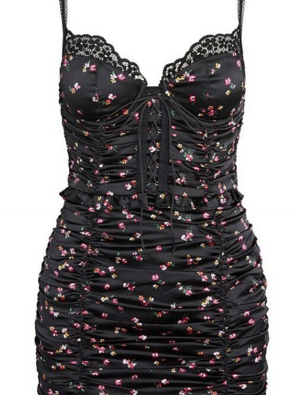 For Love And Lemons Black Ruched Dress with Pink Floral